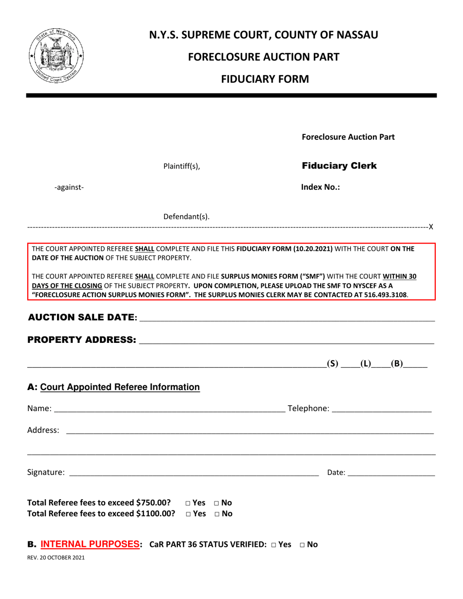 County of Nassau, New York Foreclosure Auction Part Fiduciary Form