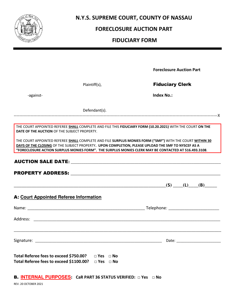 Foreclosure Auction Part Fiduciary Form - County of Nassau, New York, Page 1