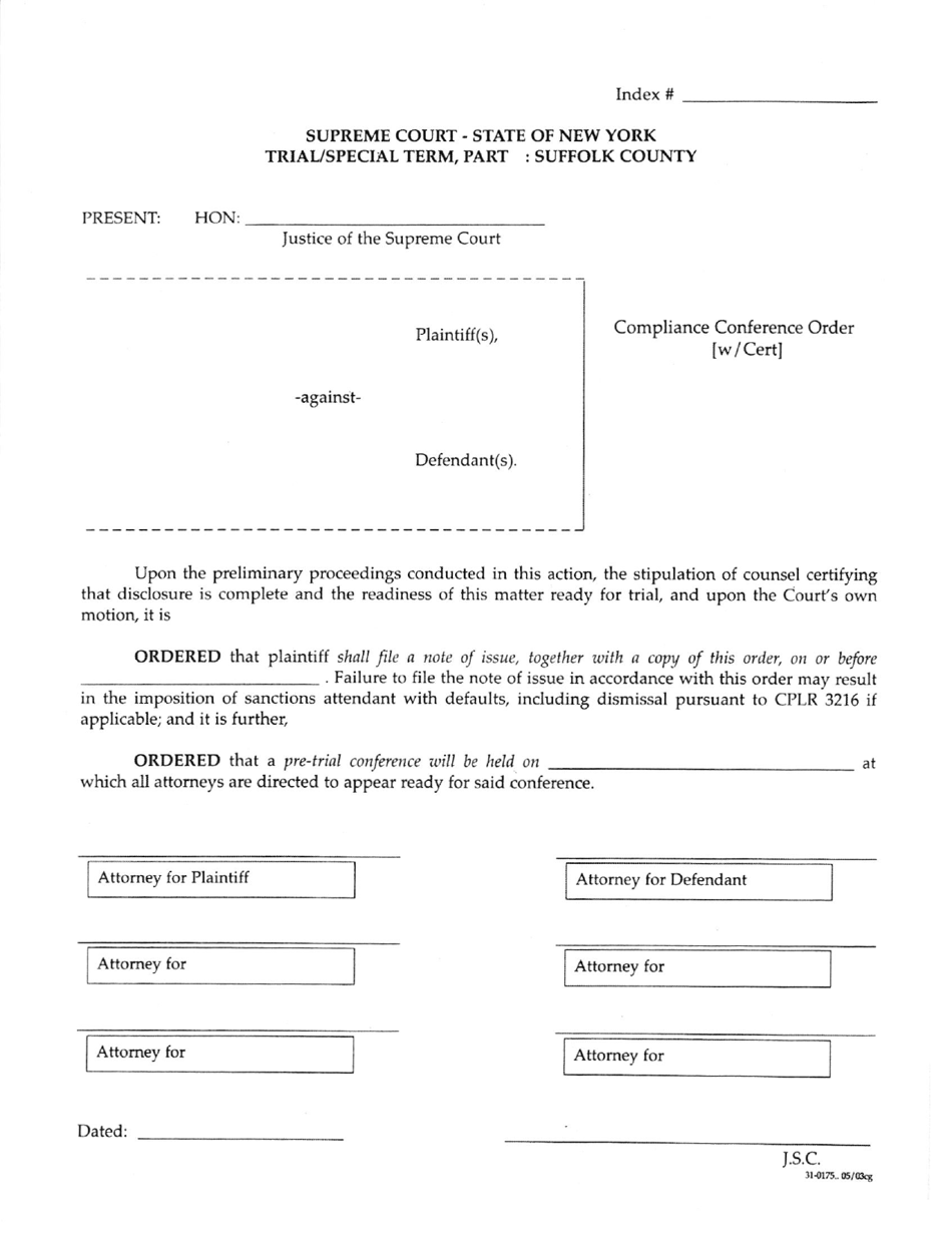 Form 31-0175 Compliance Conference Order With Certification - Suffolk County, New York, Page 1