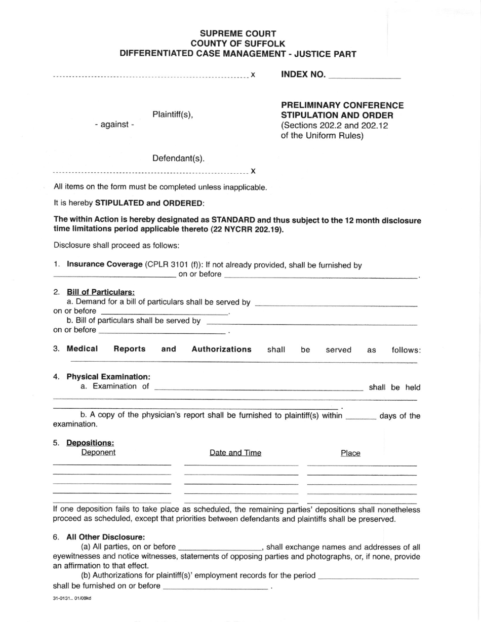 Form 31-0131 Preliminary Conference Stipulation and Order - County of Suffolk, New York, Page 1