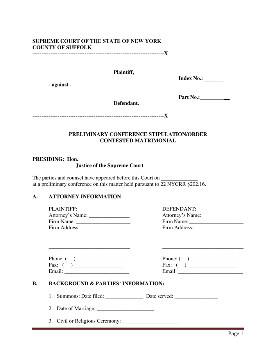Preliminary Conference Stipulation / Order Contested Matrimonial - County of Suffolk, New York, Page 1