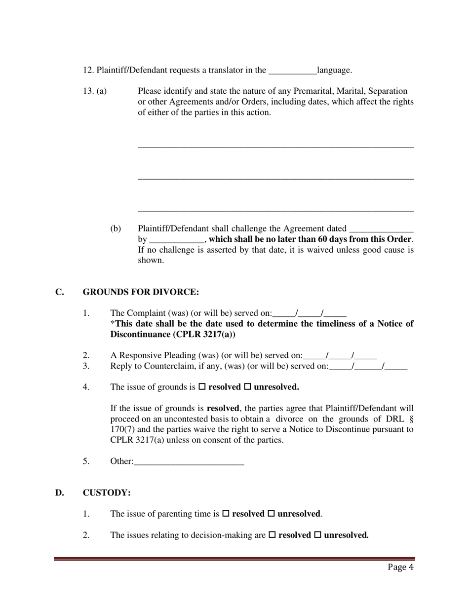 Preliminary Conference Stipulation / Order Contested Matrimonial - County of Suffolk, New York, Page 4