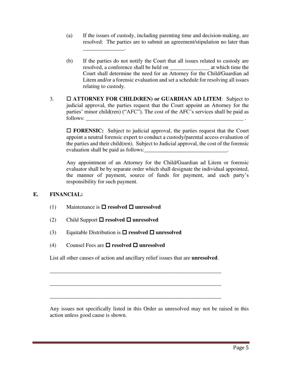 Preliminary Conference Stipulation / Order Contested Matrimonial - County of Suffolk, New York, Page 5