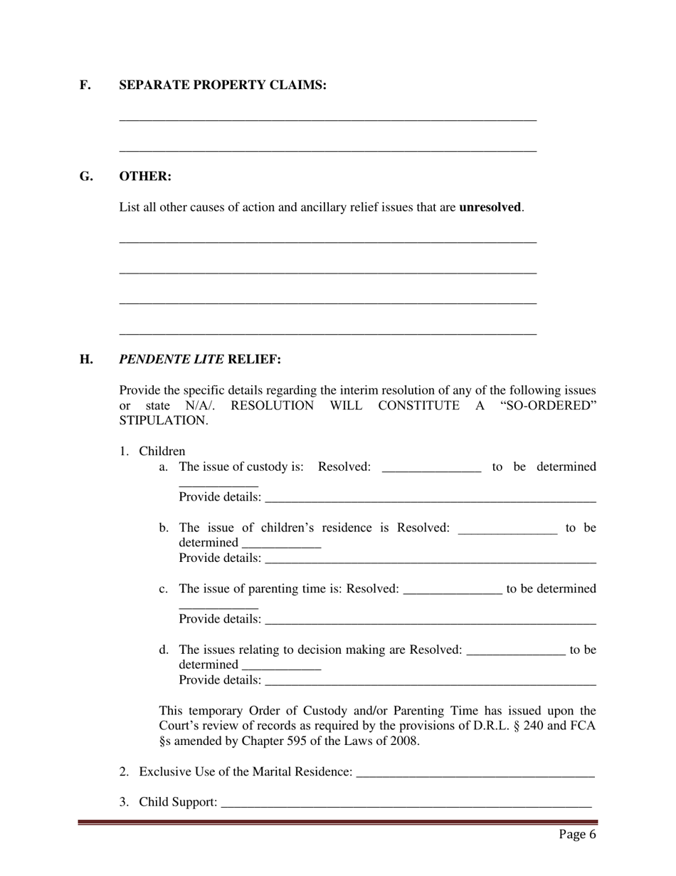 Preliminary Conference Stipulation / Order Contested Matrimonial - County of Suffolk, New York, Page 6
