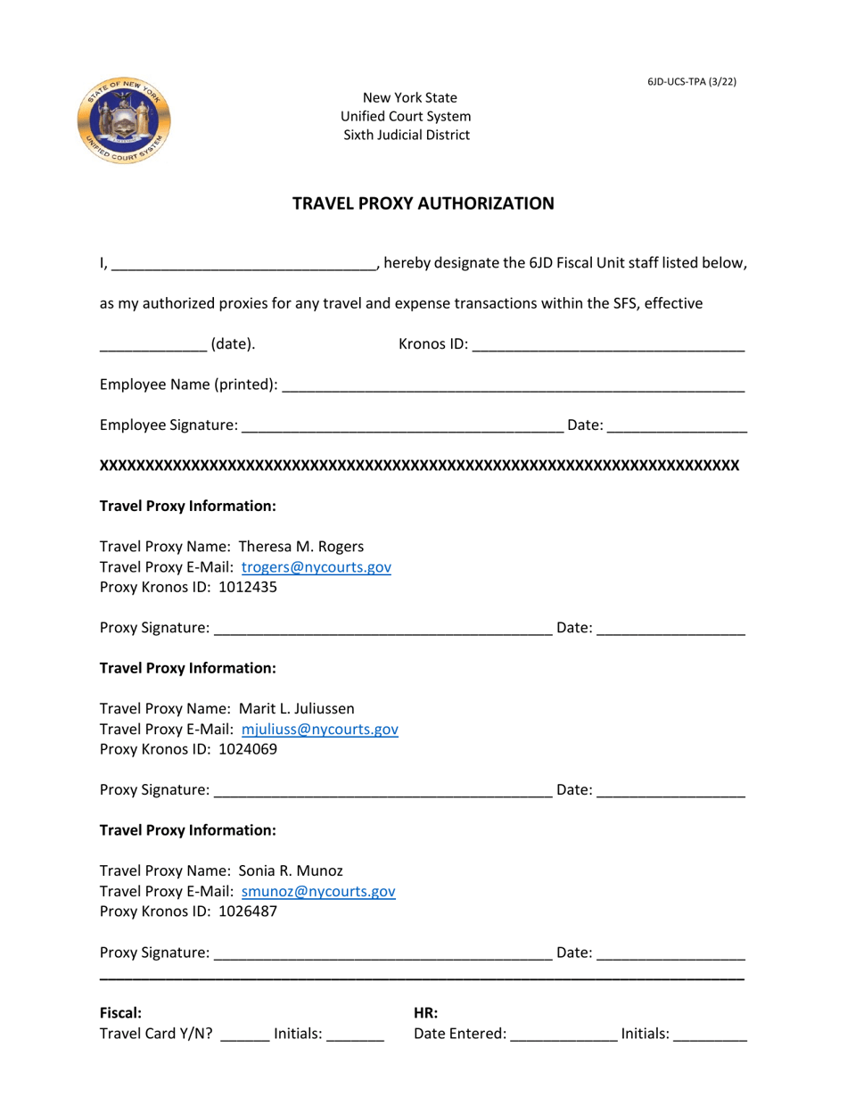 Form 6JD-UCS-TPA Travel Proxy Authorization - New York, Page 1