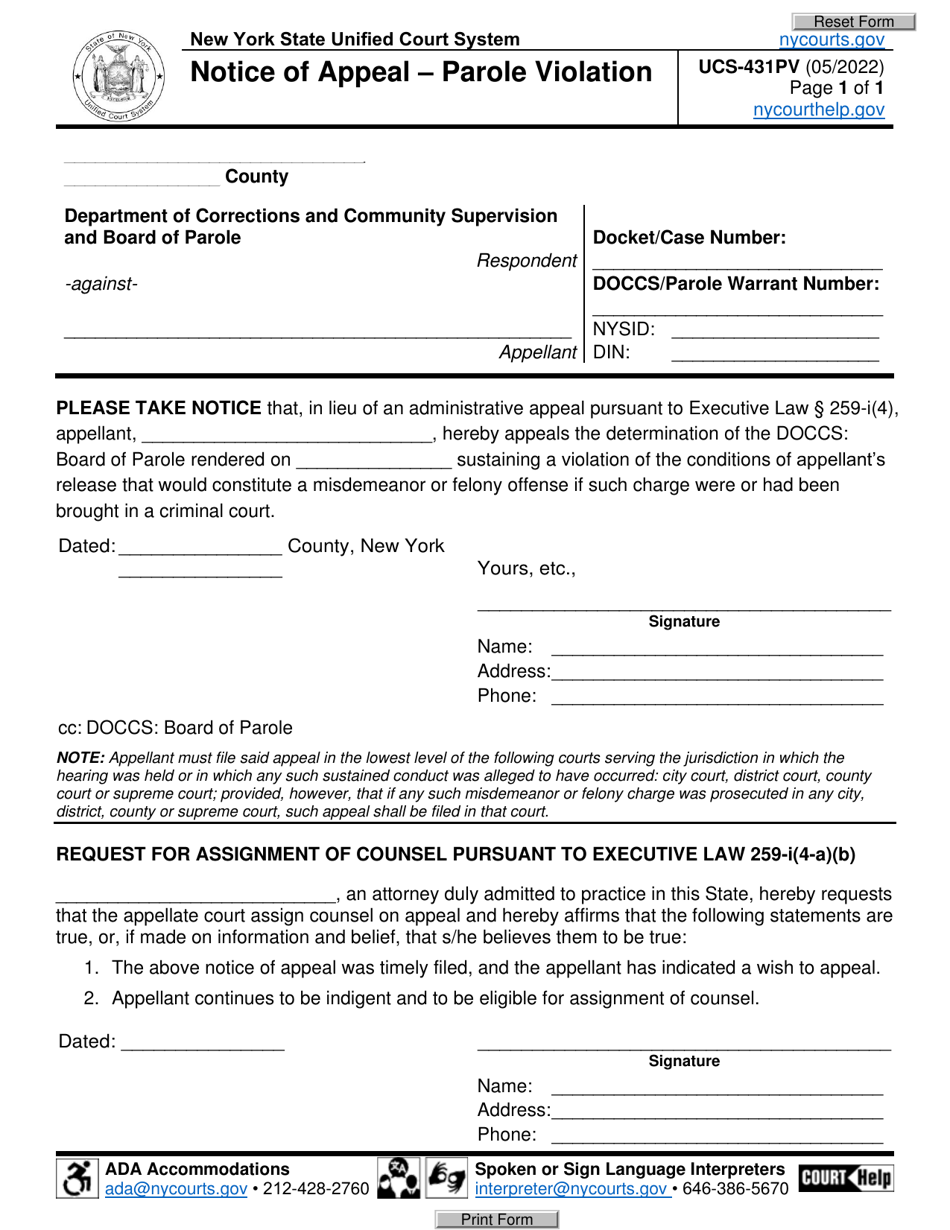 Form UCS-431PV Notice of Appeal - Parole Violation - New York, Page 1