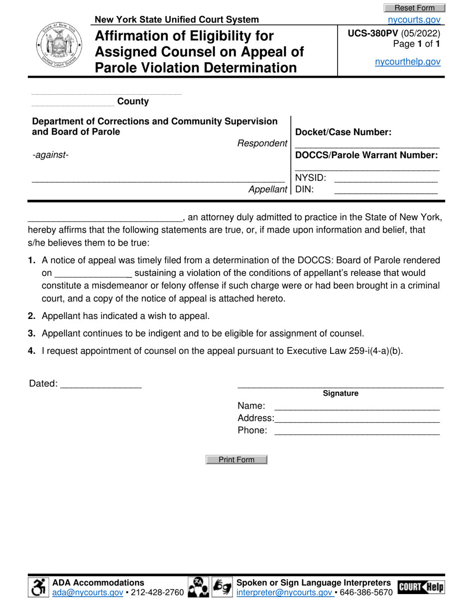Form UCS-380PV Affirmation of Eligibility for Assigned Counsel on Appeal of Parole Violation Determination - New York, Page 1