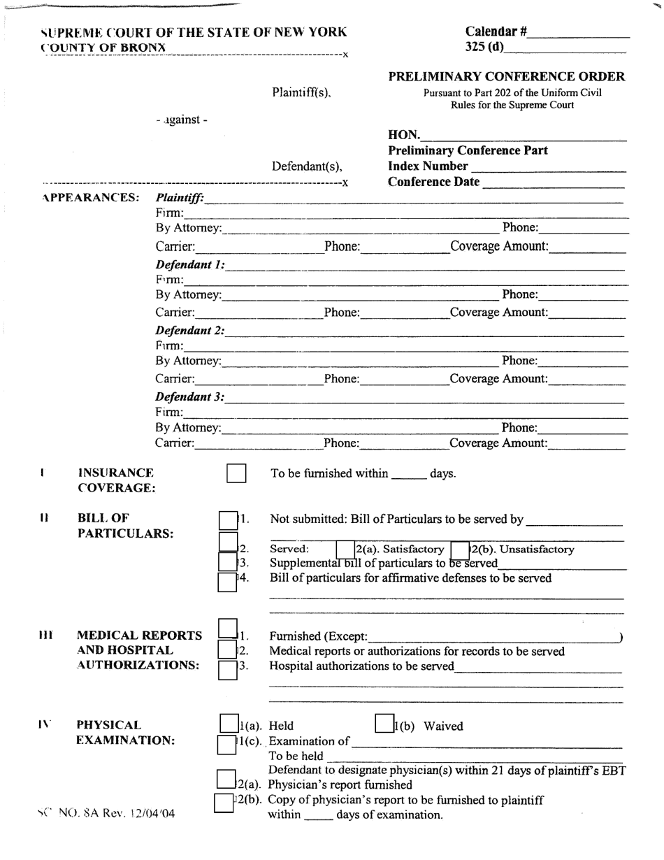 Form 8A Preliminary Conference Order - Bronx County, New York, Page 1