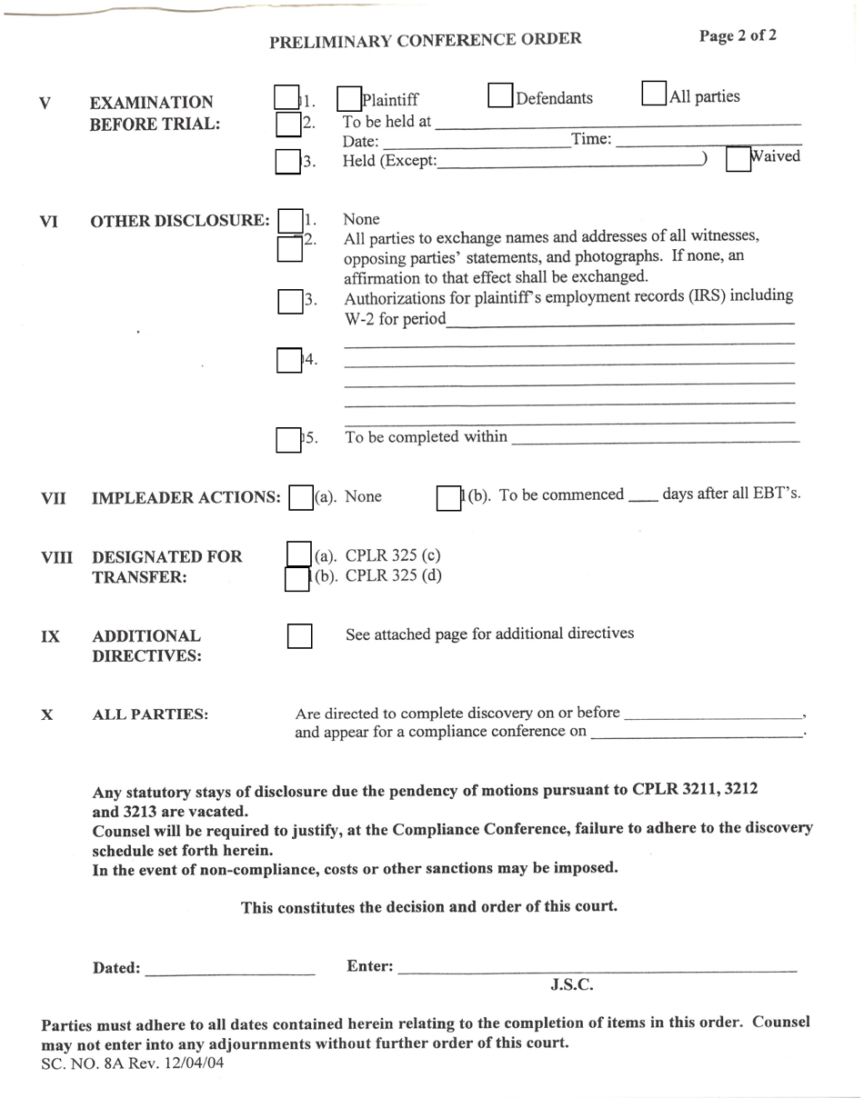 Form 8A Preliminary Conference Order - Bronx County, New York, Page 2