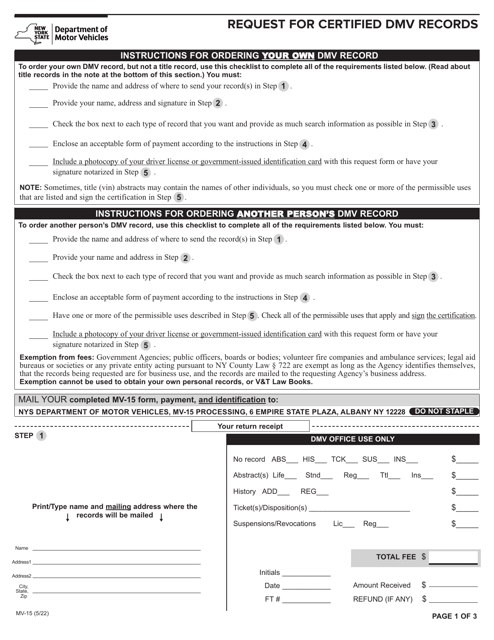 Form MV-15  Printable Pdf