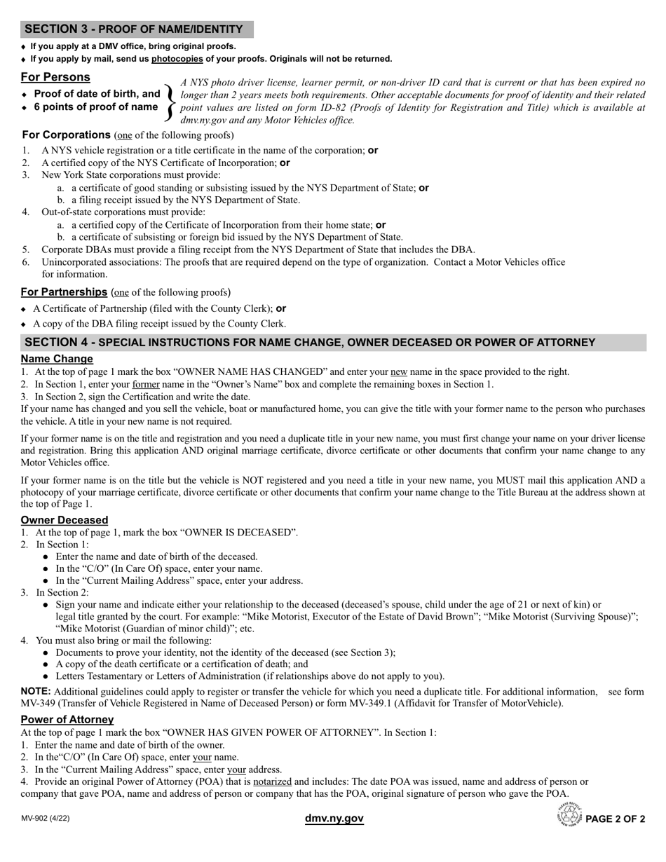 Form Mv 902 Download Fillable Pdf Or Fill Online Application For Duplicate Title New York 2015 3292