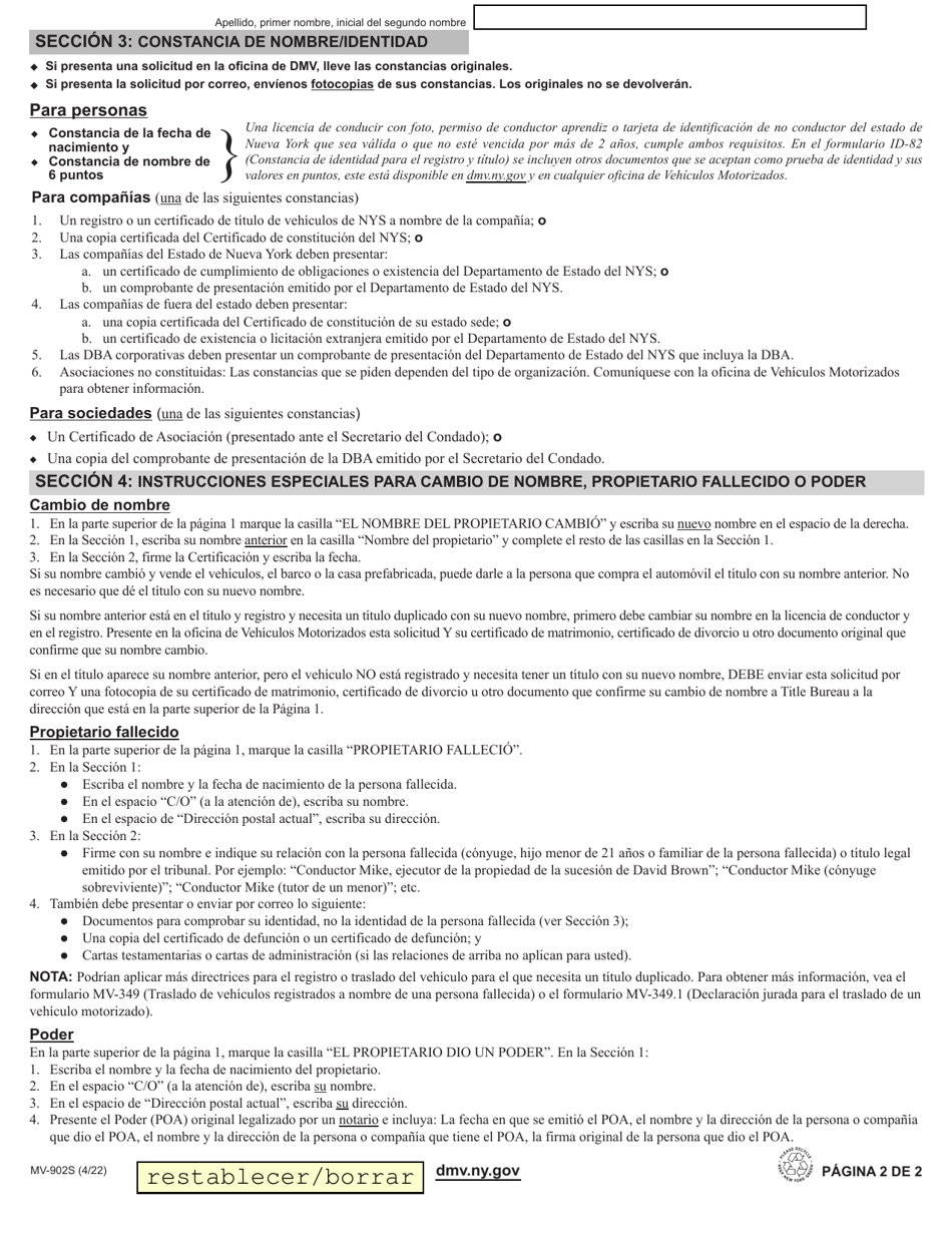 Formulario MV-902S Solicitud De Titulo Duplicado - New York (Spanish), Page 2