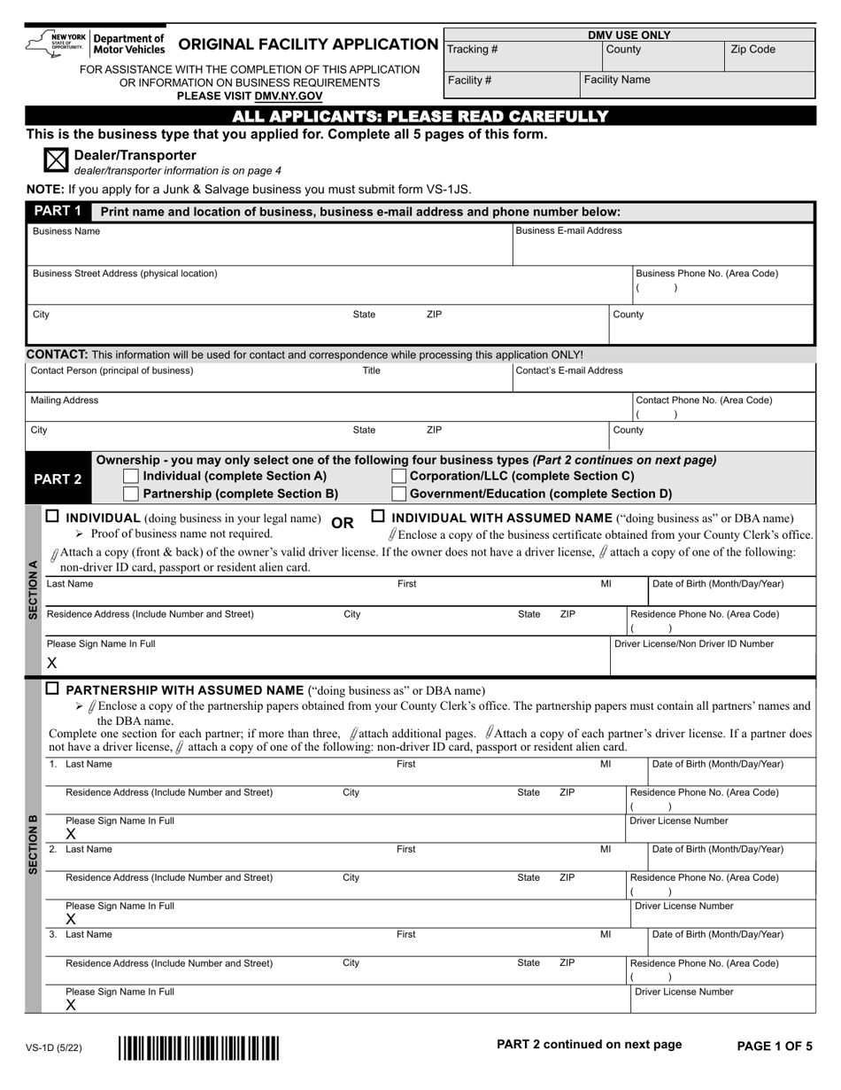 Form VS-1D Original Facility Application - New York, Page 1