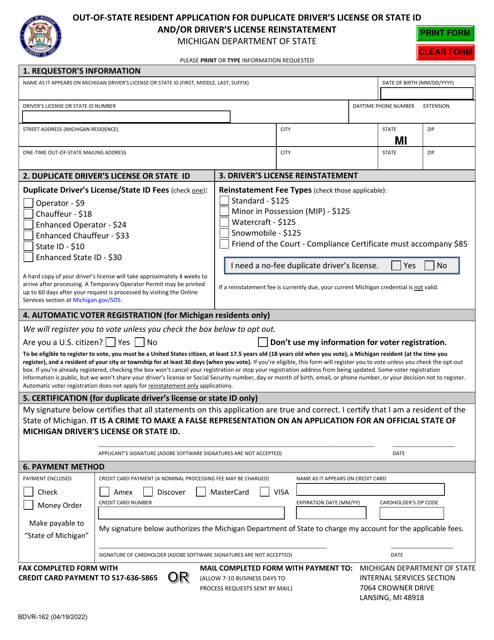 Form BDVR-162 Out-of-State Resident Application for Duplicate Driver's License or State Id and/or Driver's License Reinstatement - Michigan