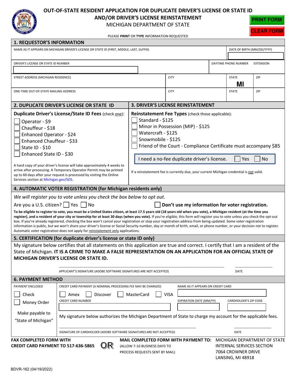 Form BDVR-162 Out-of-State Resident Application for Duplicate Drivers License or State Id and / or Drivers License Reinstatement - Michigan, Page 1