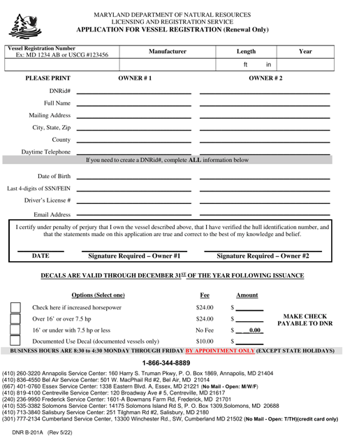 Form DNR B-201A Application for Vessel Registration (Renewal Only) - Maryland