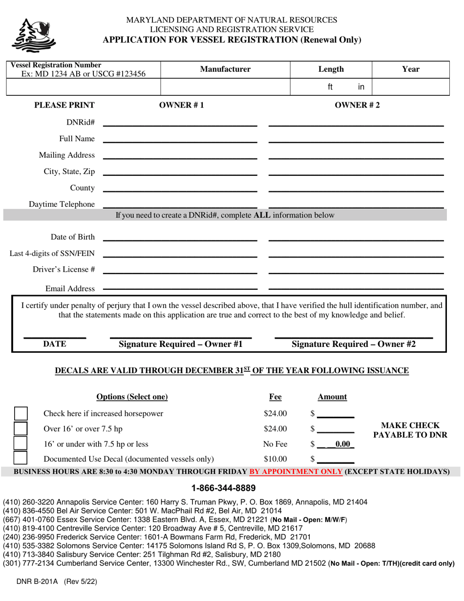 Form DNR B-201A Application for Vessel Registration (Renewal Only) - Maryland, Page 1