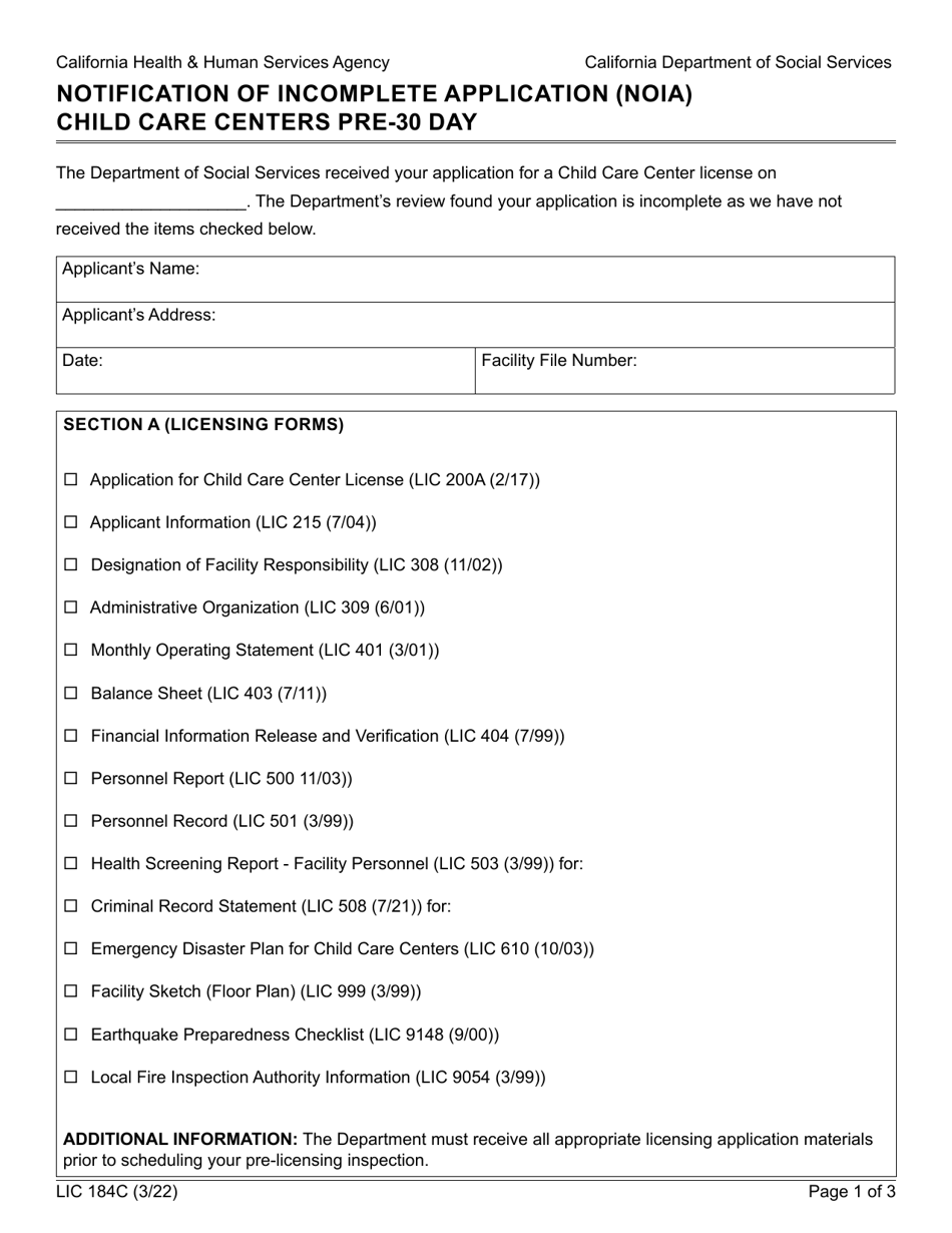 Form LIC184C Notification of Incomplete Application (Noia) Child Care Centers Pre-30 Day - California, Page 1