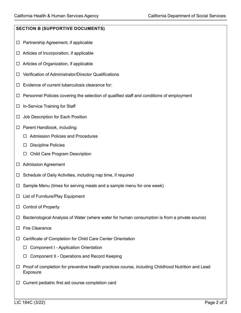 Form LIC184C Notification of Incomplete Application (Noia) Child Care Centers Pre-30 Day - California, Page 2