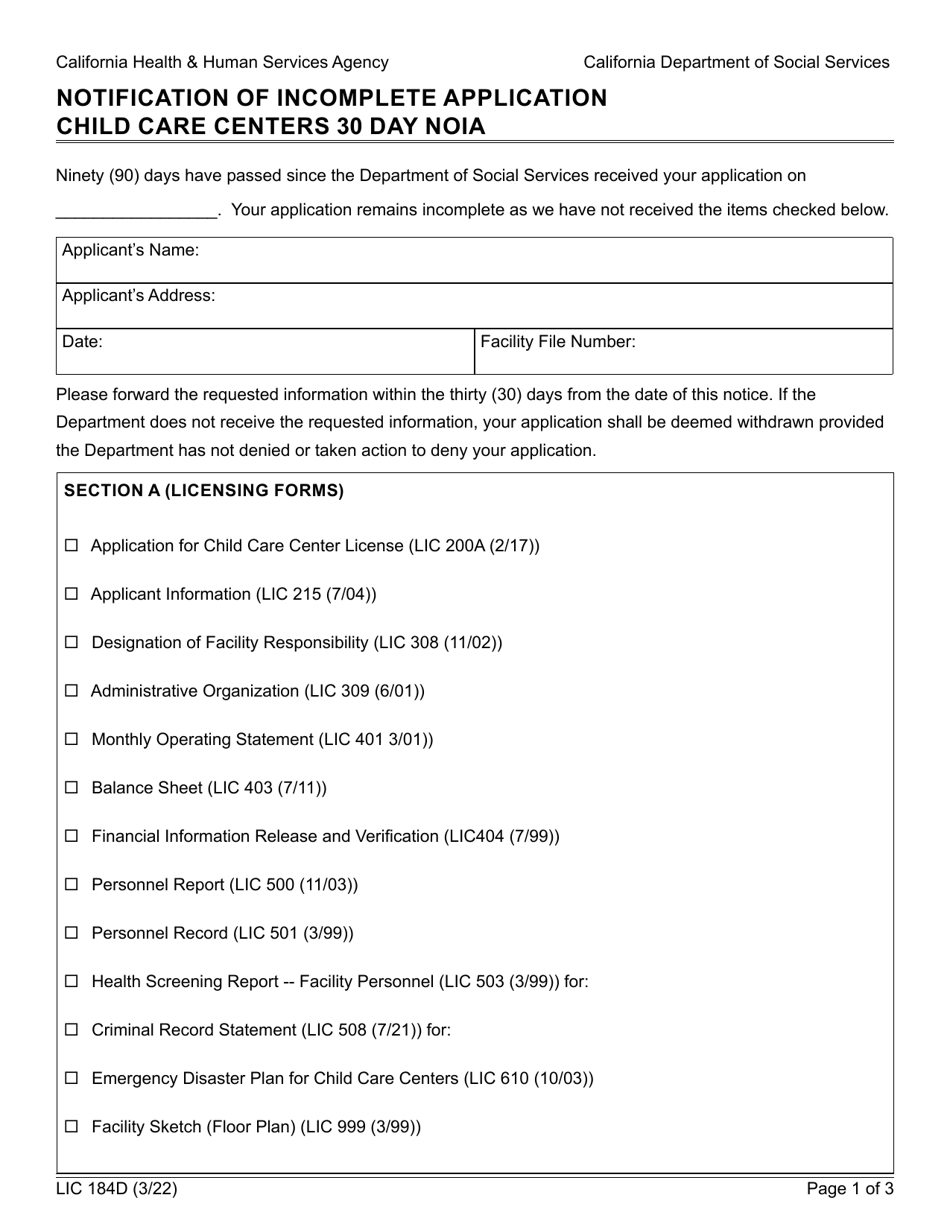 Form LIC184D Notification of Incomplete Application Child Care Centers 30 Day Noia - California, Page 1