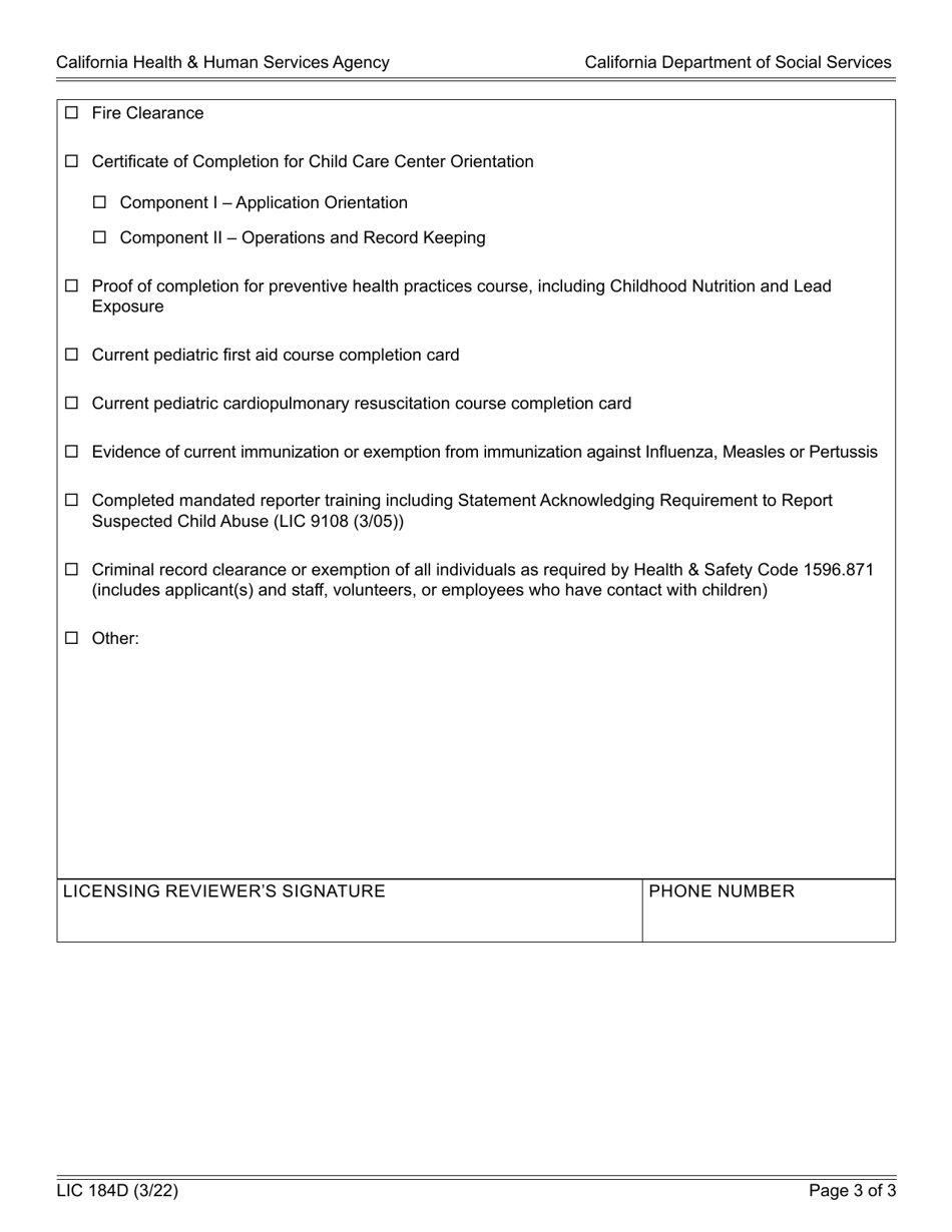 Form LIC184D Notification of Incomplete Application Child Care Centers 30 Day Noia - California, Page 3