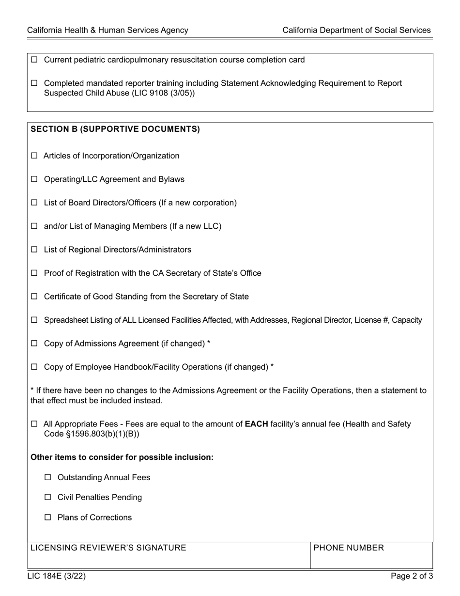 Form LIC184E Notice of Incomplete Application (Noia) Changes to Corporate Status - California, Page 2