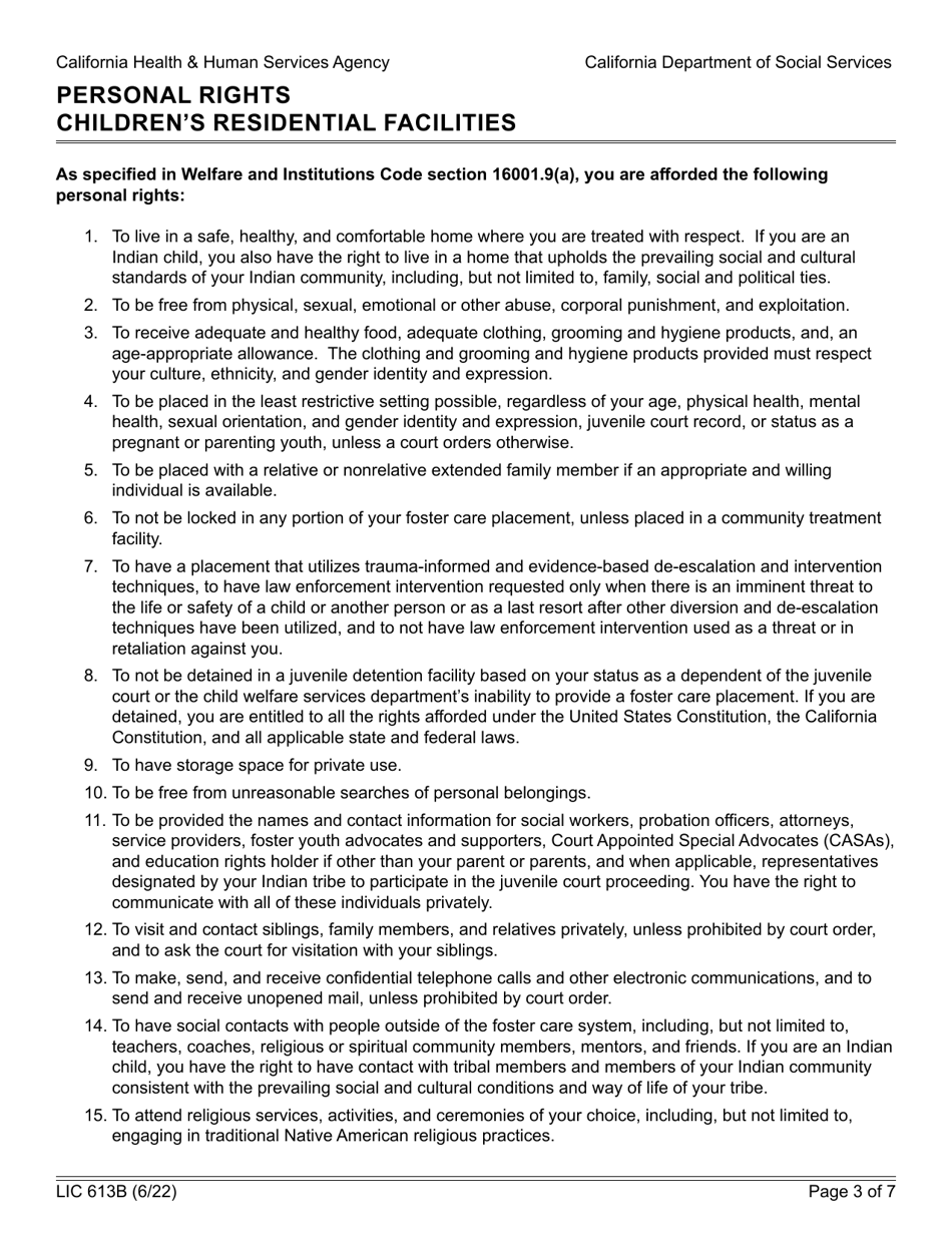 Form LIC613B Personal Rights Childrens Residential Facilities - California, Page 3