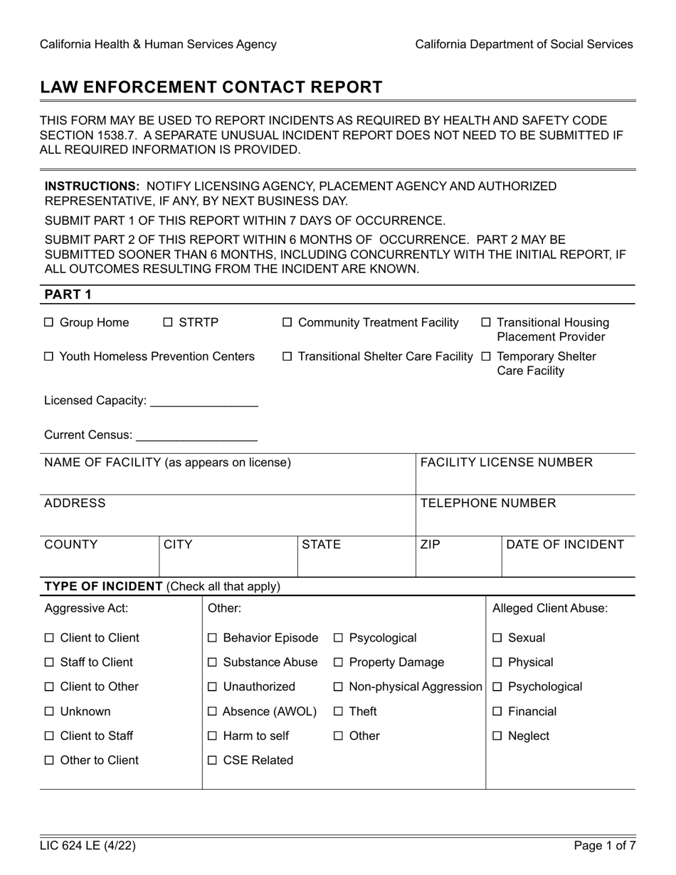 Form LIC624 LE Law Enforcement Contact Report - California, Page 1