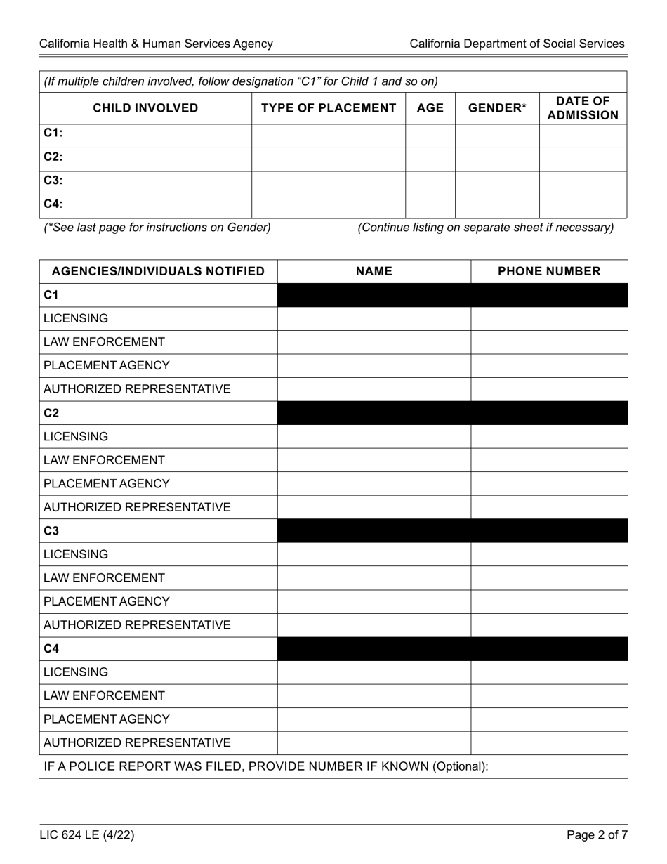 Form LIC624 LE Law Enforcement Contact Report - California, Page 2