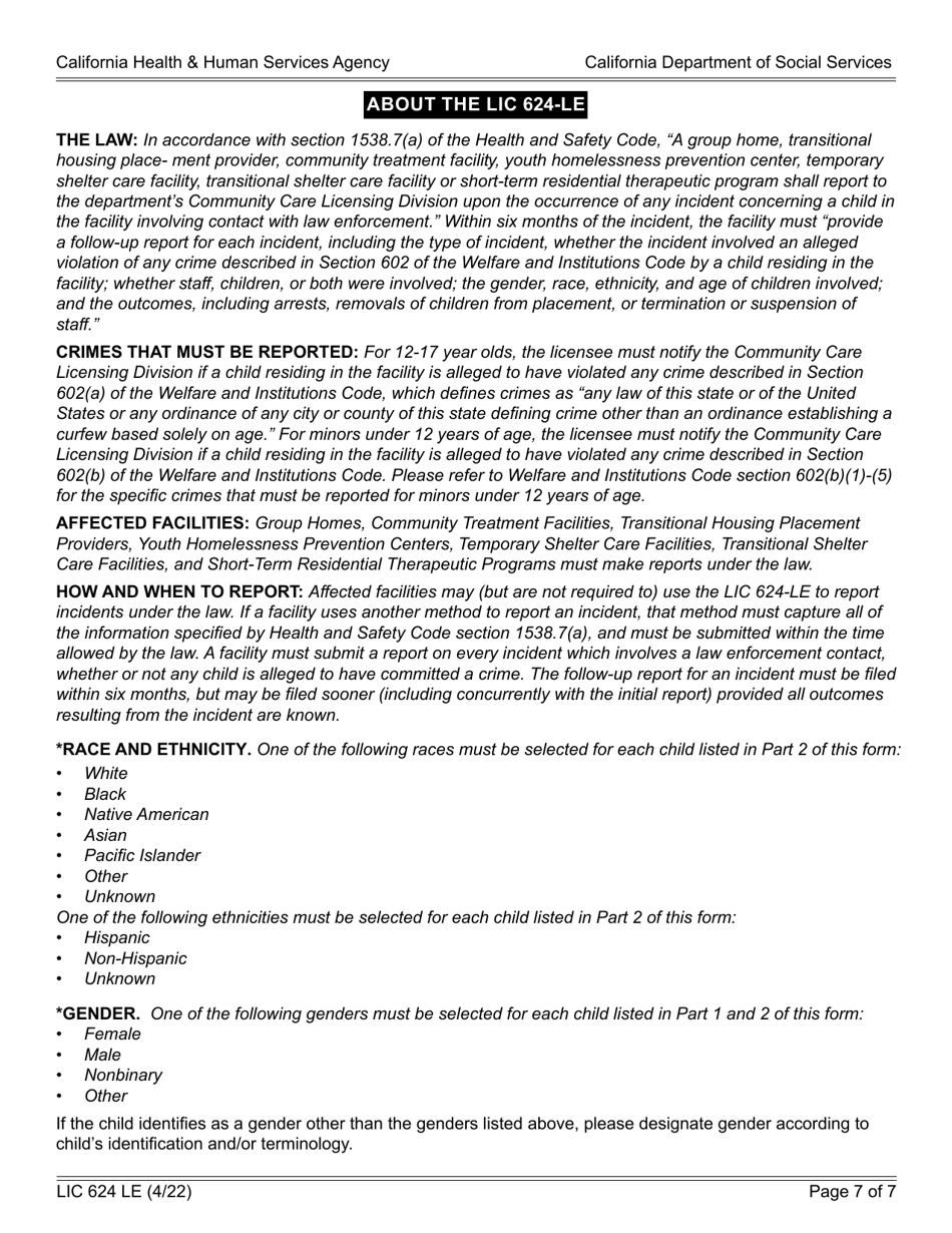 Form LIC624 LE Law Enforcement Contact Report - California, Page 7