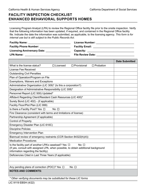 Form LIC9119 EBSH Facility Inspection Checklist Enhanced Behavioral Supports Homes - California