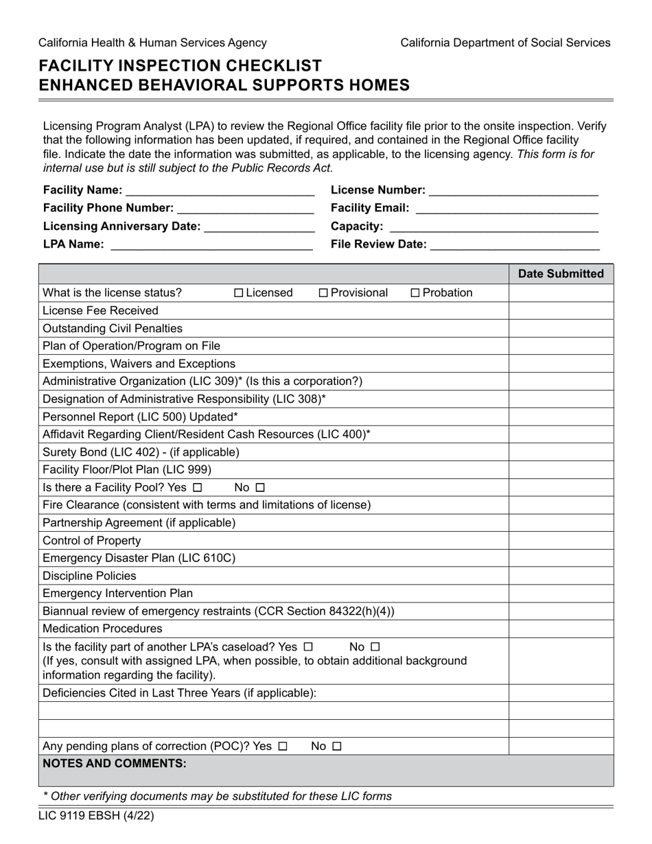 Form LIC9119 EBSH Facility Inspection Checklist Enhanced Behavioral Supports Homes - California, Page 1