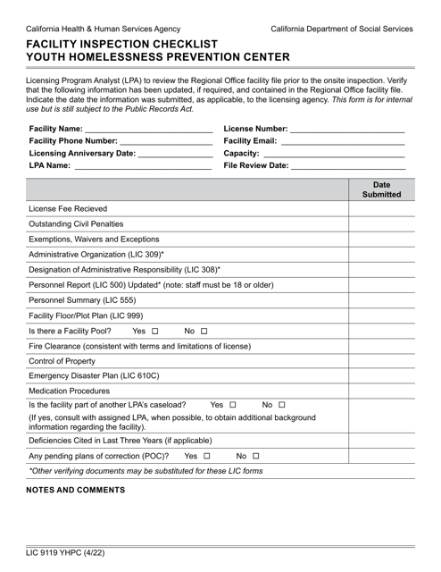 Form LIC9119 YHPC Facility Inspection Checklist Youth Homelessness Prevention Center - California