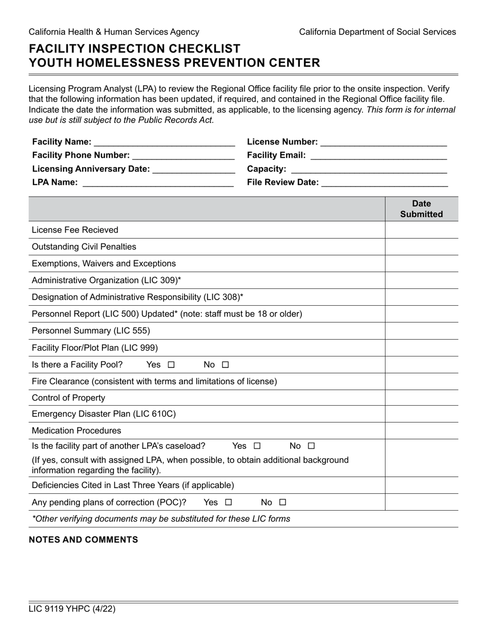 Form LIC9119 YHPC Facility Inspection Checklist Youth Homelessness Prevention Center - California, Page 1