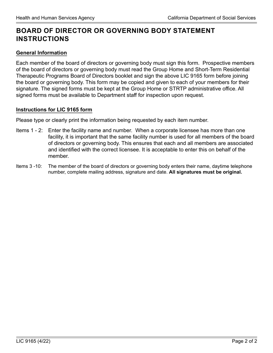 Form LIC9165 Board of Director Governing Body Statement - California, Page 2