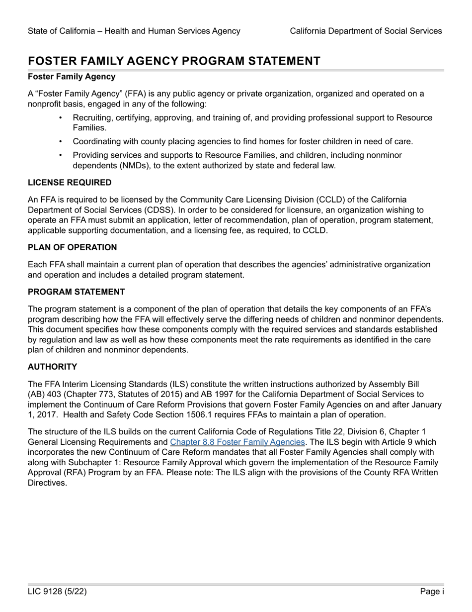 Form LIC9128 Foster Family Agency Program Statement - California, Page 2