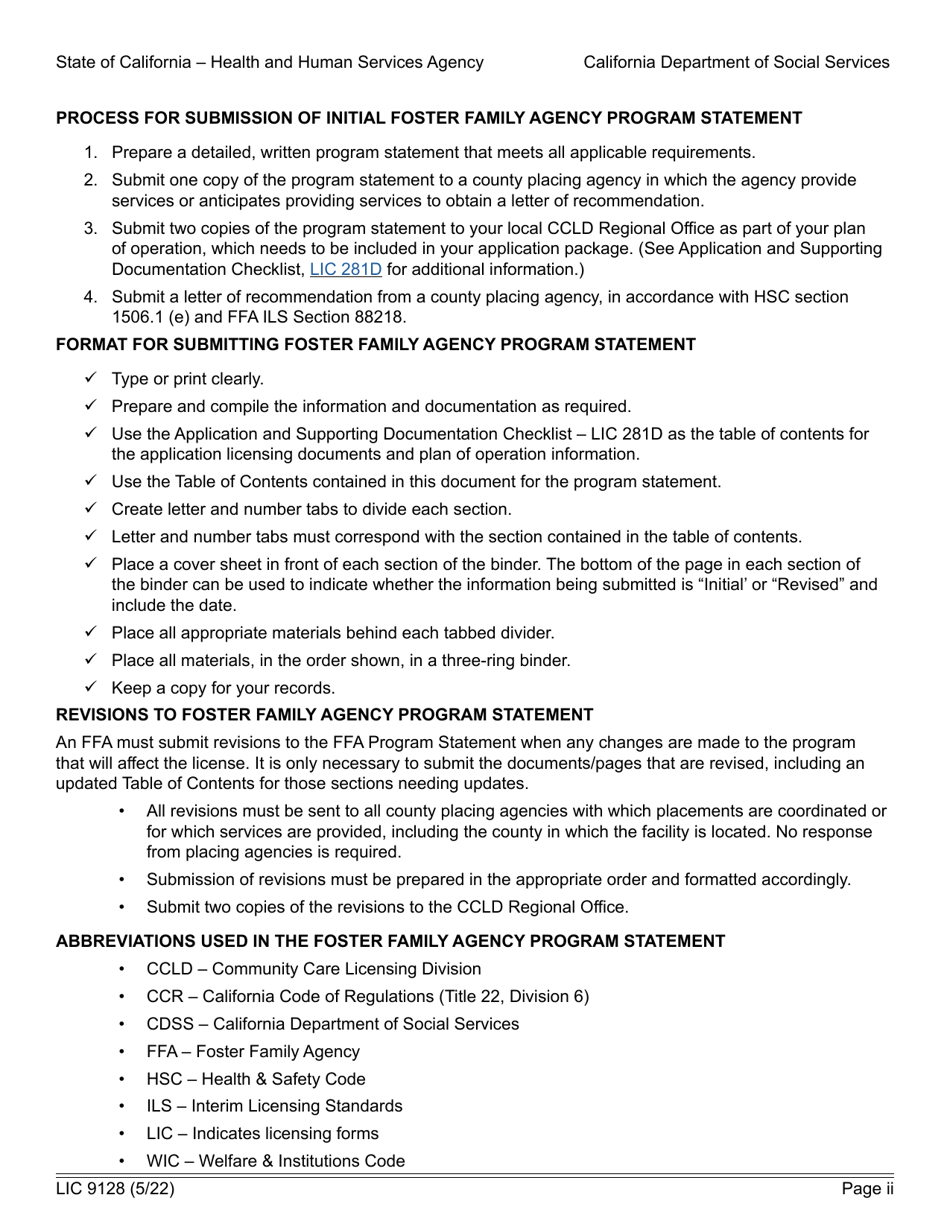 Form LIC9128 Foster Family Agency Program Statement - California, Page 3