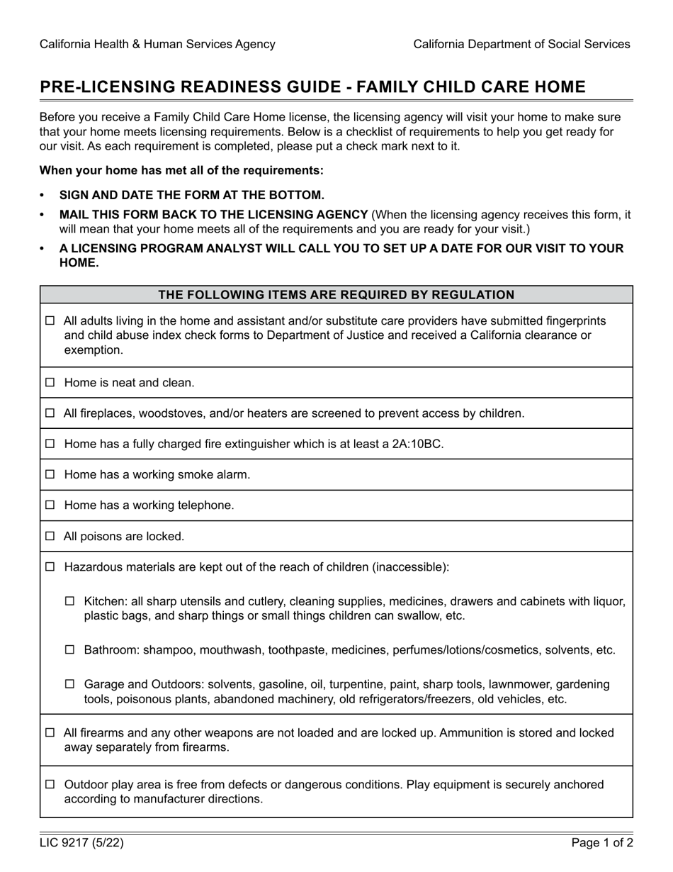Form LIC9217 Pre-licensing Readiness Guide - Family Child Care Home - California, Page 1