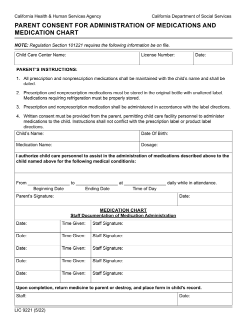 Form LIC9221 Parent Consent for Administration of Medications and Medication Chart - California