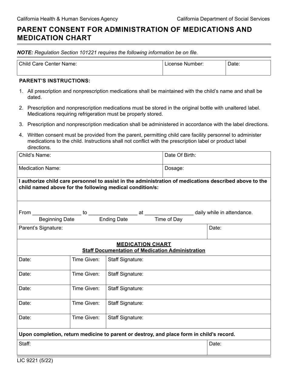 Form LIC9221 Parent Consent for Administration of Medications and Medication Chart - California, Page 1