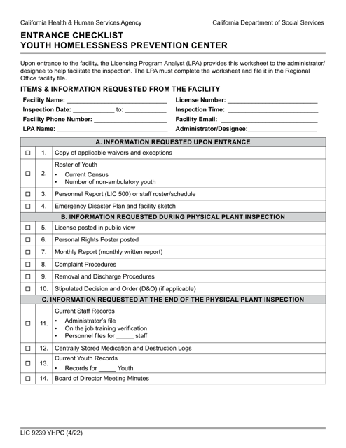 Form LIC9239 YHPC  Printable Pdf