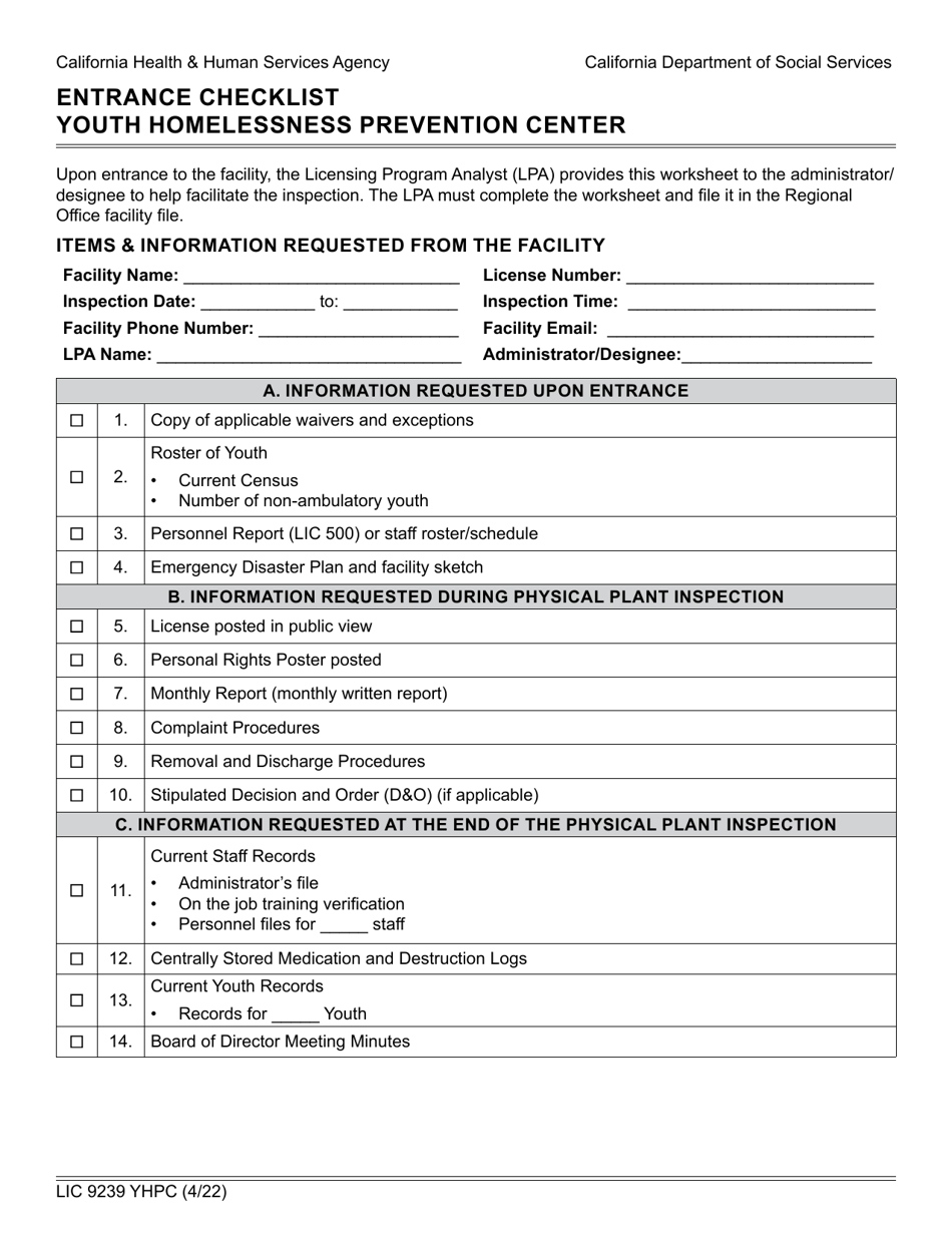Form LIC9239 YHPC Entrance Checklist Youth Homelessness Prevention Center - California, Page 1