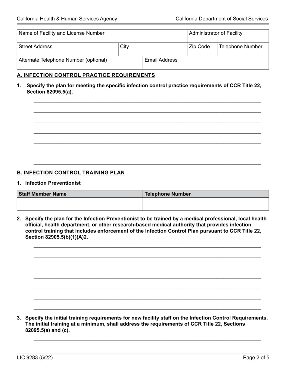 Form LIC9283 Infection Control Plan - Adult Day Programs - California, Page 2