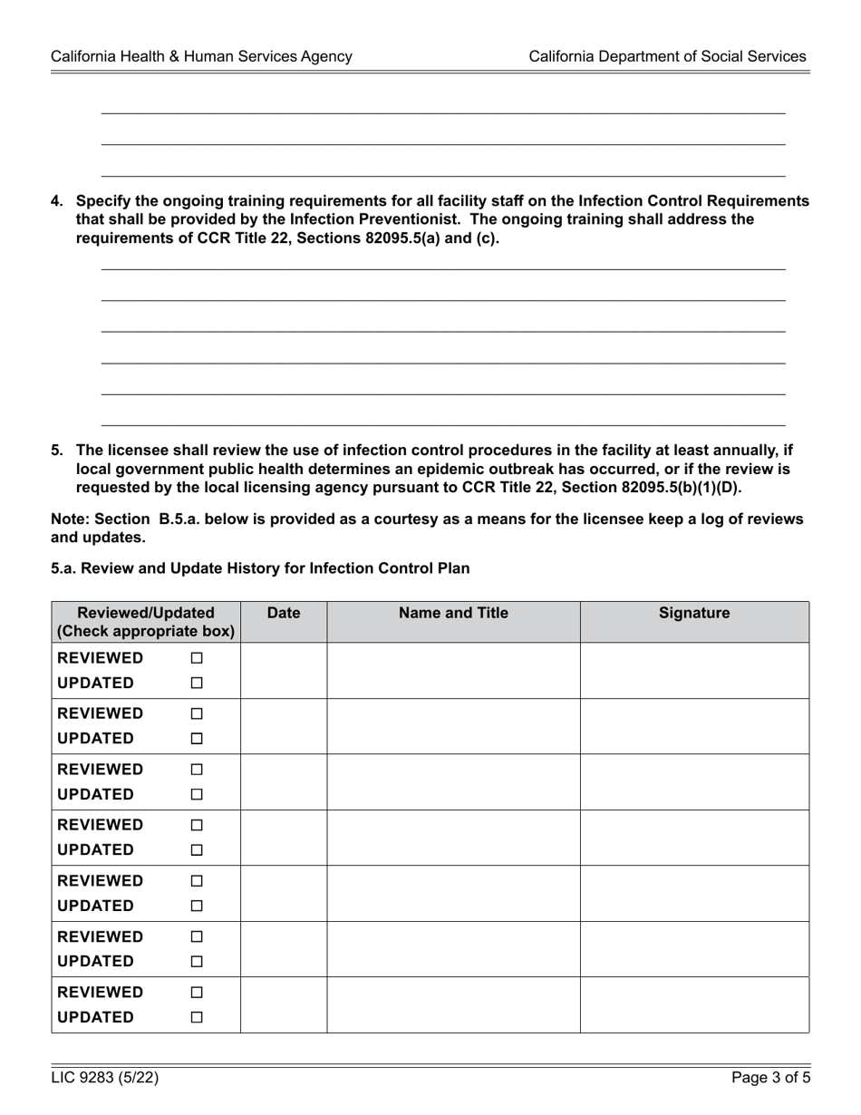 Form LIC9283 Infection Control Plan - Adult Day Programs - California, Page 3