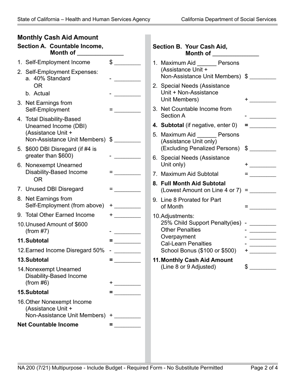 Form NA200 Notice of Action - Multipurpose - Include Budget - California, Page 2