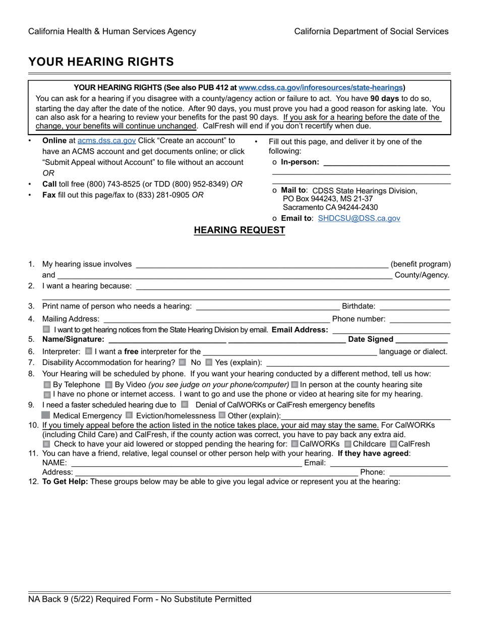 Form NA Back 9 Your Hearing Rights - California, Page 1
