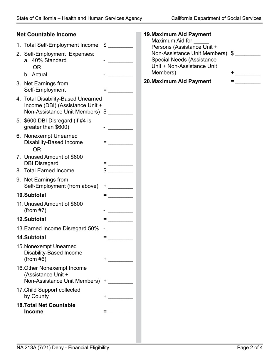 Form NA213A Notice of Action - Deny - Financial Eligibility - California, Page 2