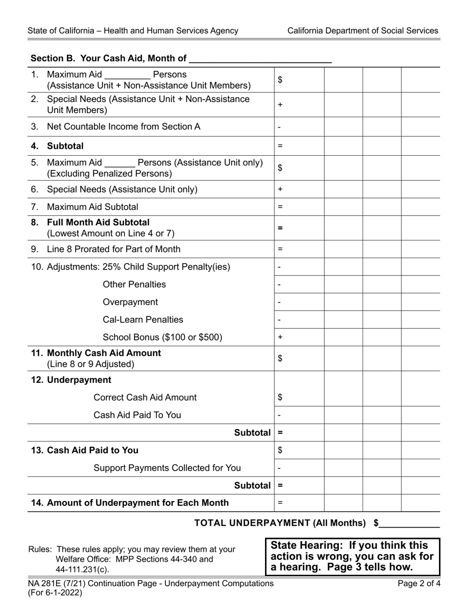 Form NA281E Notice of Action (Continued) Underpayment Amount Owed (For Underpayments Occurring on or After 6-1-2022) - California, Page 2