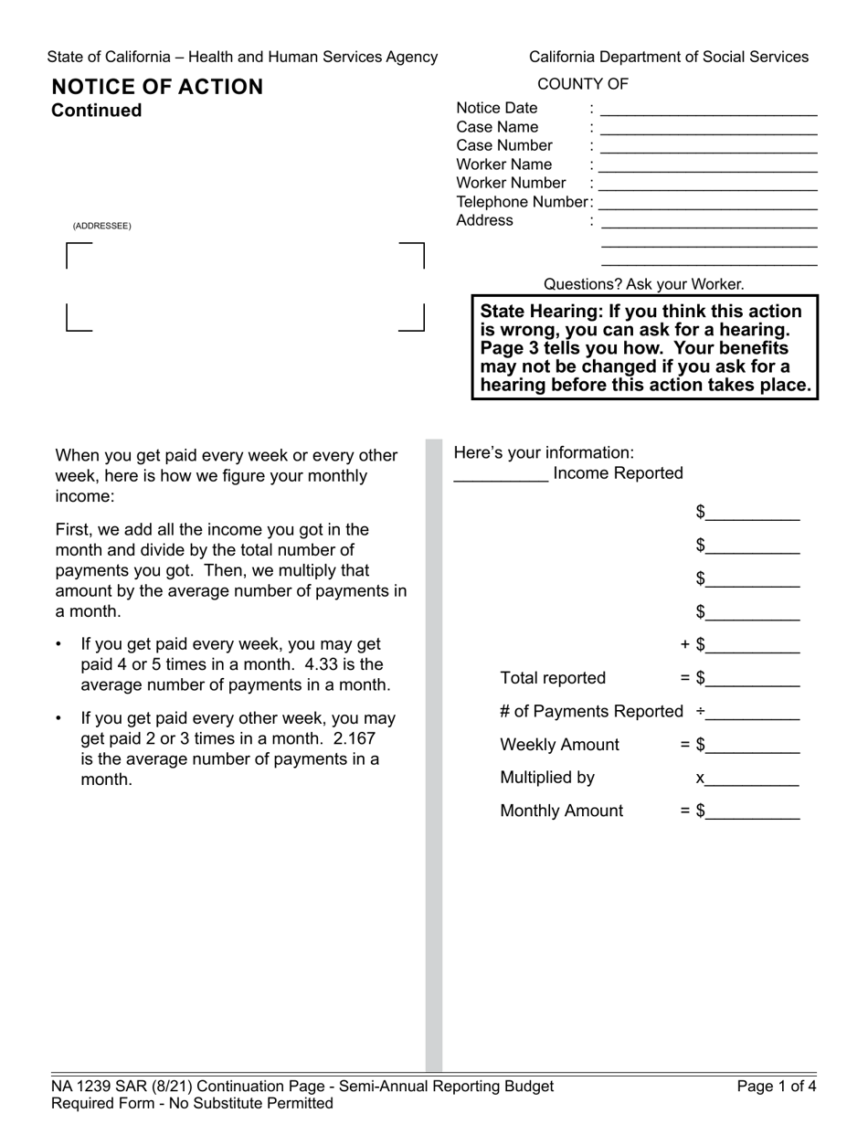 Form NA1239 SAR Notice of Action - Continuation Page - Semi-annual Reporting Budget - California, Page 1