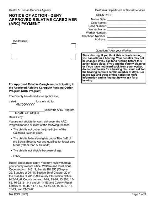 Form NA1279 Notice of Action - Deny Approved Relative Caregiver (ARC) Payment - California